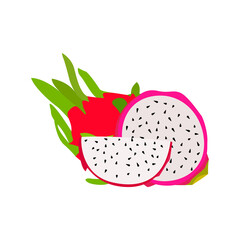 Spring tropical fruits for a healthy lifestyle. Red dragon fruit, whole fruit and half. White isolated cartoon straight symbol vector illustration.