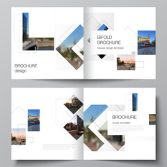 Vector layout of two covers templates with geometric simple shapes, lines and photo place for square design bifold brochure, flyer, magazine, cover design, book, brochure cover.