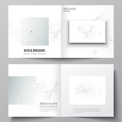 Fototapeta na wymiar Vector layout of two covers templates for square bifold brochure, flyer, magazine, cover design, book design, brochure cover. Gray technology background with connecting lines and dots. Network concept