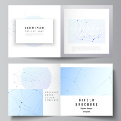 Vector layout of two covers templates for square bifold brochure, flyer, magazine, cover design, book design, brochure cover. Blue medical background with connecting lines and dots, plexus.