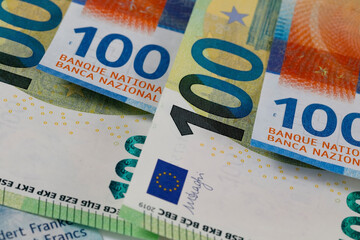 Euro banknotes and Swiss paper money