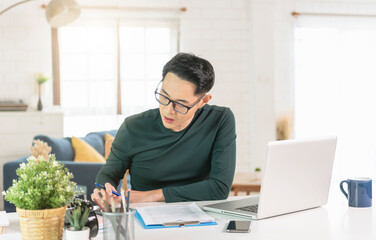 Handsome asian businessman working from home.