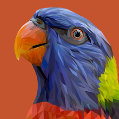 Parrot face with geometry design, low poly triangular and wire frame vector illustration EPS 10 isolated. Polygonal style trendy modern logo design. Suitable for printing on a t-shirt. - obrazy, fototapety, plakaty