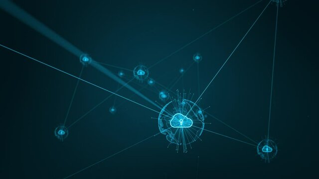Motion graphic of Blue digital cloud computing icon and futuritic earth sphere network connection abstract background concept camera zoom out seamless loop video