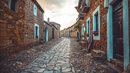 
Lonely old cobbled walk between the houses in a town called Castrillo de los Polvazares, in León, on a sunny sunset.