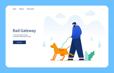 Modern Flat Design Concept, Man Peeing Dog. Bad Gateway For Websites And Mobile Sites. Empty State