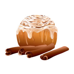 Aroma spicy and sugary glazed cake with cinnamon isolated on white background. Snail shaped bread, refreshment confectionery, cafe or restaurant vector illustration.