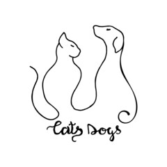 Vector hand drawn logo design or lined art cat and dog. Drawing.