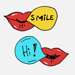 Vector hand drawn cartoon  lips  with speech bubbles. Drawing pop art.