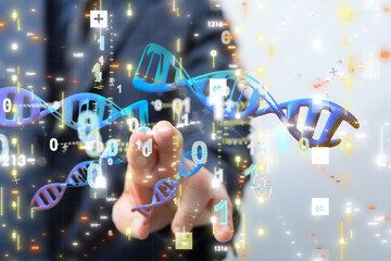 Businessman holding a 3d render DNA.