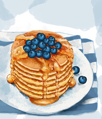 Still life with pancakes, blueberries and honey