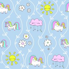Cute little unicorn with hearts flowers sun clouds plant. Blue pastel pattern and paper for scrapbooking doodle.