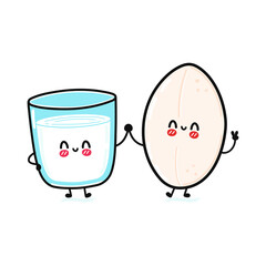 Cute, funny happy glass of milk and rice character. Rice milk. Vector hand drawn cartoon kawaii characters, illustration icon. Funny cartoon glass of milk and rice friends concept