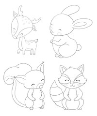 Children cute coloring book baby forest animals cartoon deer elk bamby raccoon squirrel hair bunny rabbit colorless isolated on white background
