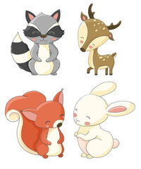 Children cute baby forest animals cartoon deer elk bamby raccoon squirrel hair bunny rabbit colored isolated on white background