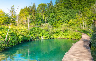 Plitvice lakes, Croatia. View of beautiful lakes, waterfalls and forest at national nature park.