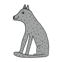 Cartoon doodle linear wolf sitting isolated on white background. Cute wild animal.