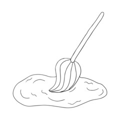 Cartoon doodle linear broom with puddle of water, brush isolated on white background.  