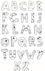 Cute monster dinosaur full  colorless coloring book children english alphabet abc isolated on white background letters
