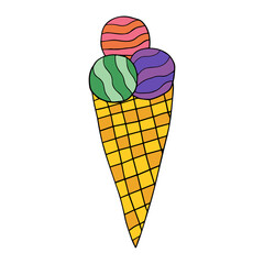 Cute doodle ice cream cone isolated on white background. Card, poster, sticker, icon.