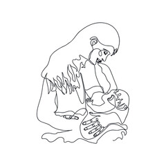 Beautiful woman breastfeeding baby drawn by one line. People sketch. Vector illustration in minimal style.