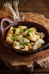 Tahu Gejrot or a spicy tofu is made from fried tofu cut into small pieces, served with a thin and watery dressing that is made by blending palm sugar, tamarind, sweet soy sauce and chili
