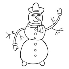 Thin line smiling doodle snowman with hat and carrot isolated on white. Black outline. 