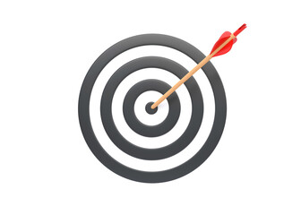 Arrow hit to center of dartboard isolated on white background. Archery target and bullseye. Business success, investment goal, aim strategy, achievement focus concept. 3d render illustration