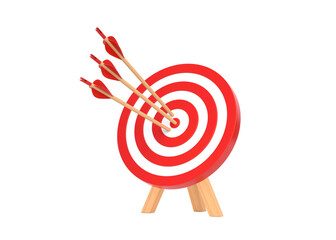 Archery target with three arrows isolated on white background. Dartboard and bullseye. Business success, investment goal, aim strategy, achievement focus concept. 3d render illustration