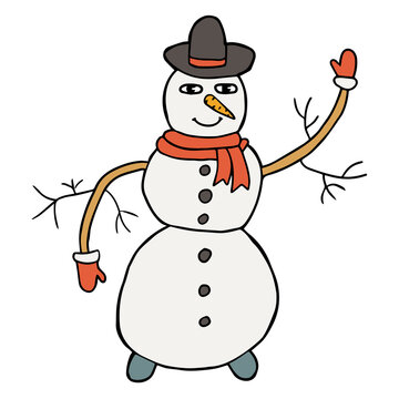 Thin line smiling doodle snowman with hat and carrot isolated on white. Black outline. 