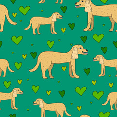 Cartoon doodle linear dog seamless pattern. Cute pet background with hearts confetti.