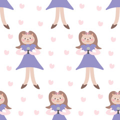 seamless repeating pattern with cat girls and hearts