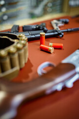Automatic and hunting rifles in gun store closeup