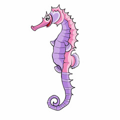 cute purple seahorse character, cartoon illustration, isolated object on white background, vector,