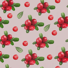 Seamless patter with сranberry berries on a pink background. Lingonberry. Watercolor illustration