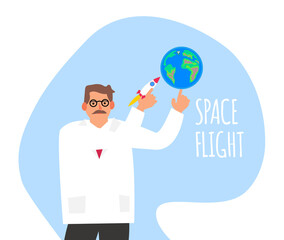 scientist engineer holding earth planet and rocket spaceship space flight vector illustration