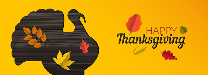 happy thanksgiving web banner   with turkey bird silhouette  autumn leaves on yellow background vector illustration