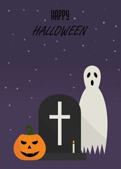 Fototapeta premium Halloween postcard with grave, ghost,pumpkin.