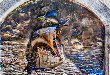Ship Caravel Bronze Ferdinand Magellan Monument Punta Arenas Chile - obrazy, fototapety, plakaty