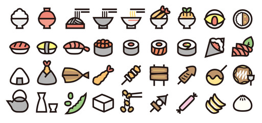 Japanese Food Icon Set (Bold outline Color version)