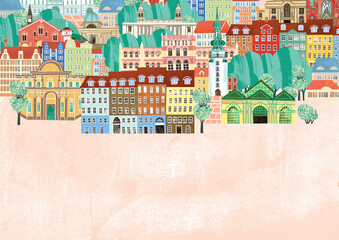 European city panorama - hand-drawn illustration.