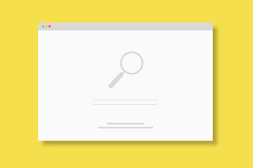 Internet browser window with search engine website, flat illustration against yellow background