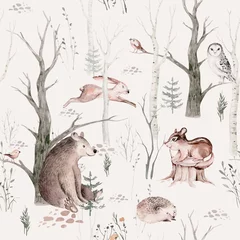 Foto op Plexiglas Bosdieren Aquarel Woodland dierlijke Scandinavische naadloze patroon. Stof behang achtergrond met uil, egel, vos en vlinder, konijn bos eekhoorn en aardeekhoorn, beer en vogel baby dier,