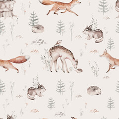 Watercolor Woodland animal Scandinavian seamless pattern. Fabric wallpaper background with Owl, hedgehog, fox and butterfly, rabbit forest squirrel and chipmunk, bear and bird baby animal,