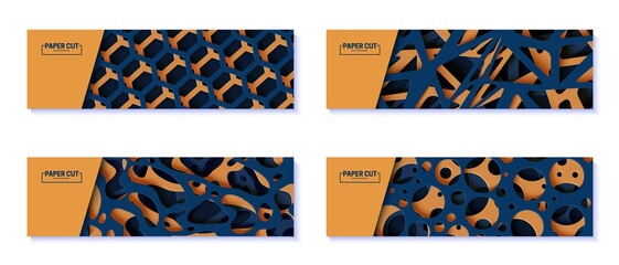 Set of abstract banners with cut out organic shapes, circles and hexagon in paper cut style. Collection of layered 3d papercut flyers. Vector card illustration in dark blue and orange shapes