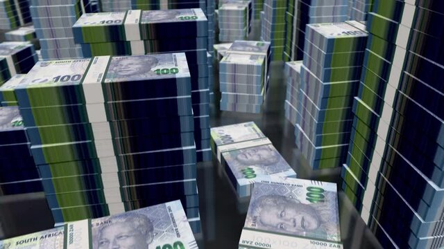 South Africa Rand money notes packs loop. 3D flight over ZAR banknotes stacks towers. Loopable seamless abstract background concept of business, economy crisis, recession and finance.