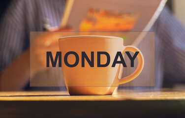 Word Monday with coffee cup, planner as happy summer week beginning.