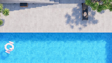 Top view of swimming pool with lounge chairs in modern luxury villa exterior, 3d rendering - obrazy, fototapety, plakaty