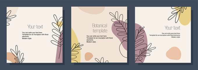 Fototapeta na wymiar Illustration botanical set of square templates for postcards, cards, text placement. Minimalistic modern style.