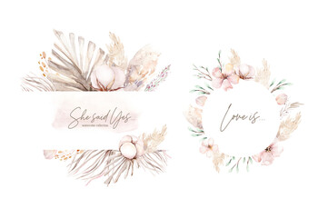 Watercolor floral frame wreath with gold orchid, cherry blossom, cotton head, palm leaves, beige and rose color, white, pink, vivid flowers, green leaves, for wedding greeting card. fashion background